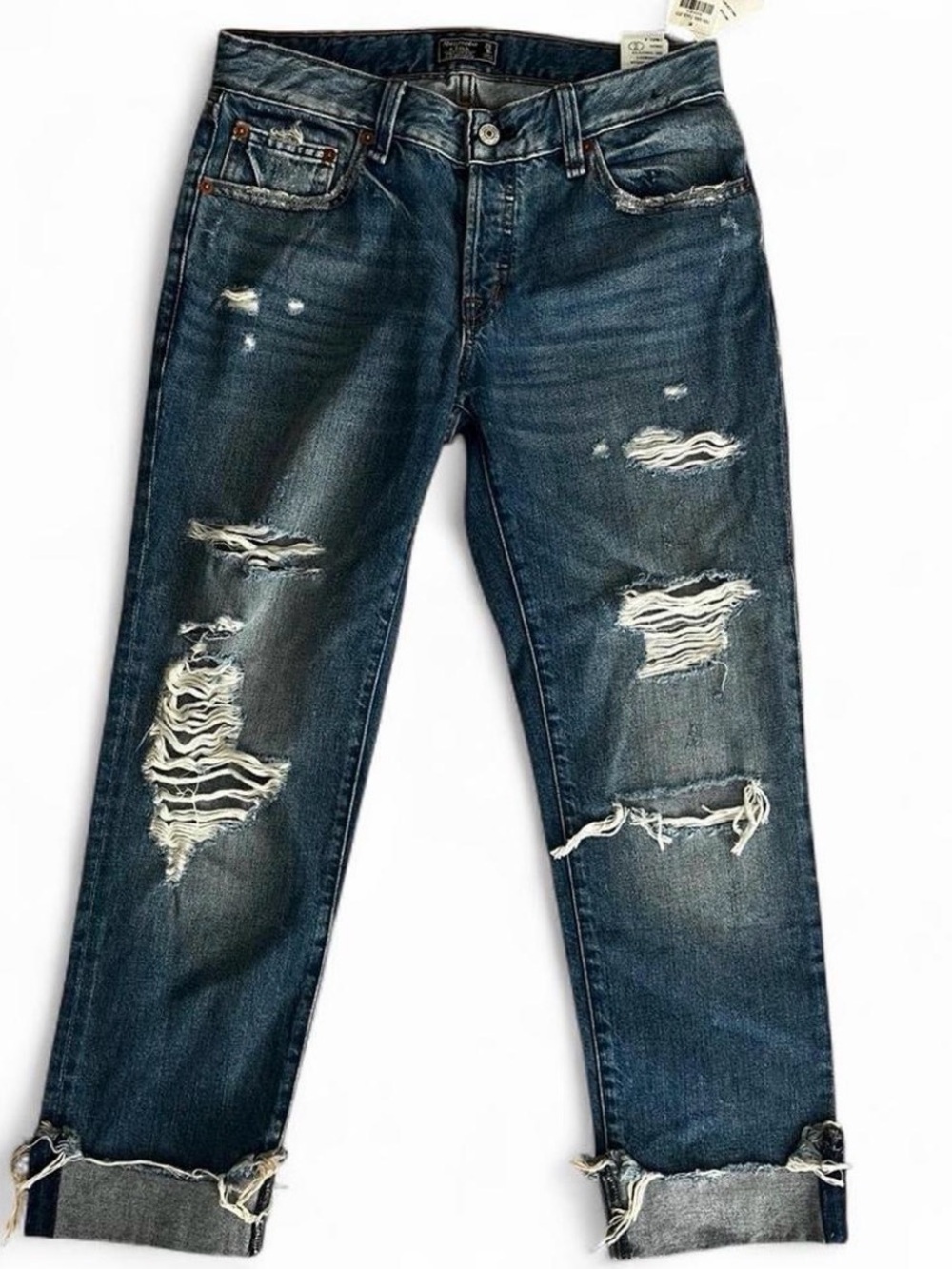 Abercrombie & Fitch Women's Dark Blue Distressed Boyfriend Jeans low rise